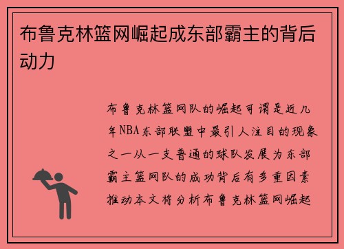 布鲁克林篮网崛起成东部霸主的背后动力